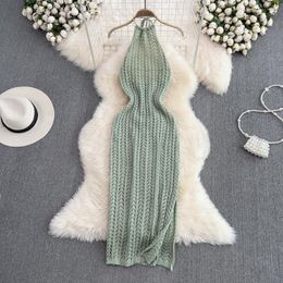 Casual Dresses Hanging Neck Tank Top Dress Summer Feminine Slim Fit Mid Length Split Back Sleeveless Hollow Out Knit