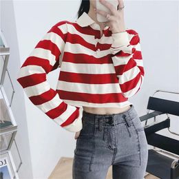 Polos Spring and summer new street fashion wide striped longsleeved polo shirt women, wild and thin cotton short polo shirt women