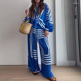 Women's Two Piece Pants Woman Vintage Navy Blue Print Shirt Suit 2023 Spring Female Loose Long Sheeve Suits High Street Oversized 2 Pcs Set