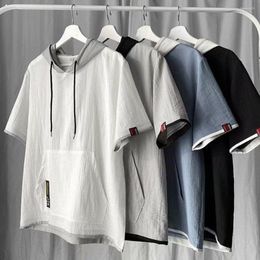 Men's T Shirts Ice Silk Shirt Men Fashion Summer Hip Hop Hoodies Short Sleeve Tshirt Patchwork Hooded Sweatshirt