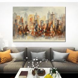 Large Handmade Impressionist Canvas Art Willem Haenraets Painting of Skyline Yellow White for Office Wall Art