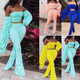 Women's Two Piece Pants 2023 Fall Elegant Ruched Set Women Off Shoulder Flare Sleeve Tops Stacked Long Matching Sets Party Club Outfits