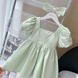 Girl's Dresses 2pc Bow+dress Baby Girls Summer DressBubble Sleeve Princess Dresses for Kids French Square Neck Cotton Cute Bow Dress for Girls AA230531