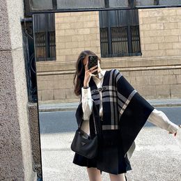 Scarves Black And White Plaid Shawl Cape Coat Two-Side Knitted Large Kerchief 2023 Autumn Winter