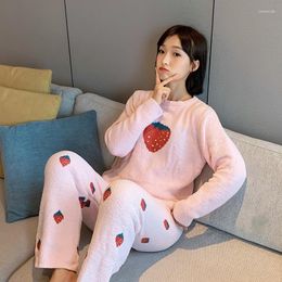 Women's Sleepwear Japanese Cute Strawberry Woollen Yarn Knit Pajamas Set O-neck Long Sleeve Coral Velvet Home Suit Winter Warn Thick