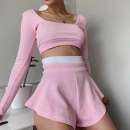 Tracksuits 2021 Fashion 2Pcs Set Women's Sexy Ribbed Knitted Long Sleeve Crop Top+Shorts Mini Skort Spring and Autumn Sportswear Gym Clothing P230531