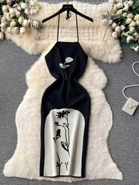 Casual Dresses Fashion Y2K Black Body Summer Elegant Flower Knitted Sweater Sexy Backless Party Dress Tank Top P230530