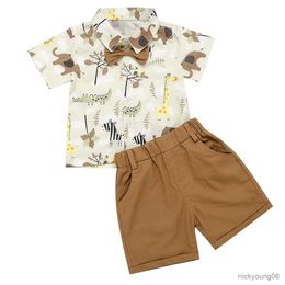 Clothing Sets 0-4Yrs Newborn Boys Gentleman Clothes Outfits Printted Shirts With Bow Shorts 2Pcs Summer Infant Set