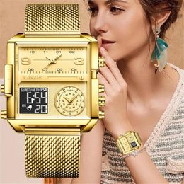 Wristwatches LIGE 2023 Gold Watch Women Top Creative Square Watches Ladies Fashion Dual Display Relogio Feminino BOX