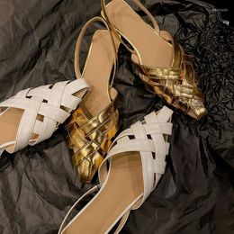 Sandals Cowhide Gold Woven For Women's Low Heels Summer Product With Pointed Toe And Retro Baotou Sandal Trend