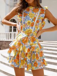 Casual Dresses Jastie Boho Backless Slim Mini Dress Women Flower Print Hollow Ruffle Sleeveless Summer Vestidos Beach Chic 2023