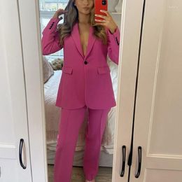 Women's Two Piece Pants Woman Elegant Roes Red Blazer Suit 2023 Spring Fashion Female Solid Straight Matching Sets Ladies Chic Basic Blazers