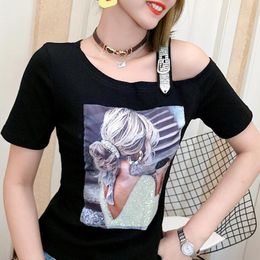 T-Shirts MadBlack Summer Korean Clothes TShirt Fashion Print Sexy Skew Collar Diamonds Chain Women Tops Cotton Shirt Tees 2022 T06207