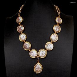 Pendant Necklaces Freshwater Cultured Pink Keshi Coin Pearl 21mm Gold Plated Chain Necklace 18"