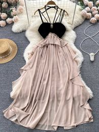 Casual Dresses Romantic Chiffon Ruffled Vacation Fashion Spaghetti Shoulder Strap Party Long Dress Women's P230530