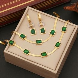 Necklace Earrings Set 316L Stainless Steel Emerald Square Simple Flat Snake Chain Bow Earring Bracelet Collarbone Wedding Jewellery