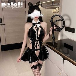 Sexy Set Patent Leather Women Sexy Bodysuit Dress Hollow Out V Neck Backless Open Crotch Cosplay Comes See Through Gothic Tempatation T230531