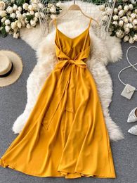 Casual Dresses Women Beach Dress Summer Fashion Sexy V-neck Backless Bandage Slim A-line Yellow Long Ladies Solid Boho Vestidos