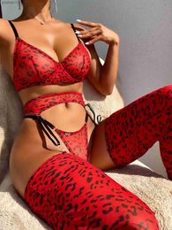 Briefs Panties Yimunancy 4-Piece Leopard Mesh Lingerie Set Women Sexy Thong Underwear Set Red Garter Exotic Set with Stockings L230518