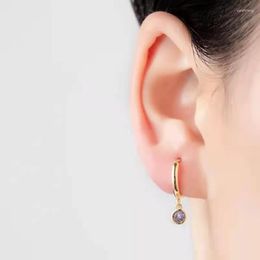 Hoop Earrings Fashion Purple Round Crystal Zircon Pendant Drop Earring For Women Geometric Huggie Pierced Jewelry Pendiente