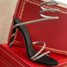 Sliver Snake Around Crystal Womens Sandals Summer 2023 High Heel Wedding Shoes Designer Stiletto Gold Gladiator Dress Pumps