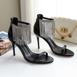 Luxury Summer New Open Toe Rhinestone Chain High Heel Shoes with Hollow Button Sandals Sexy Slim Heel Women's Shoes Size 34-42