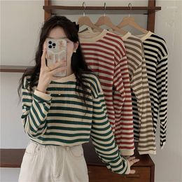 Women's Knits Korean Sexy Y2K T-shirt Woman Spring O-neck Long Sleeve Tee Shirt Femme Skinny Basic Clothes Women Stripe Knitting Tops