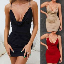 Casual Dresses 2022 New Summer Sexy Backless Milk Silk Ring Buckle Pendant Tight Solid Deep V-Neck Mini Women's Dress P230530