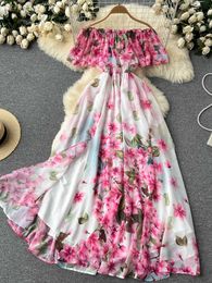 Casual Dresses Holiday Fashion Shoulder Flower Print Long Summer Ultra Thin Women's High Waist Elegant Beach Party Dress P230530