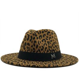 Leopard Print Jazz Top Hat with M Ribbon Wide Brim Fedora Church Hats Women Elegant Fascinators Party Hat Autumn Winter Felt Cap