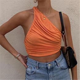 Tops One Shoulder Crop Top Women Ruched Short Tank Top Sexy Women's Summer Top Cropped Cami Tops White Black Green Orange