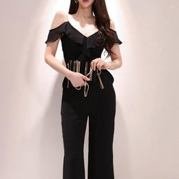 Women's Jumpsuits Summer Black Ruffle Bodycon Women Sexy Party Clubwear Casual V Neck Overalls Rompers Female Plus Size