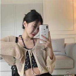 Women's Knits Korean Fashion Silk Knitted Cardigan Thin Sunscreen Clothing Sling Outside Shawl Blouse Hollow Loose Short Coat ZY7798