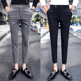 Blazers 2022 Brand Clothing Men's Slim Fit Pure Cotton Stripe Suit Pants/Male High Quality Business Suit Trousers Men's Cropped Pants