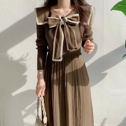 Casual Dresses WDMSNA Korean Knitted Pleated Dress Women Chic Autumn Long Sleeve Robe French Lace Lapel Bow Splicing Sim Waist Vestido De