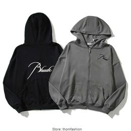 RHUDE Men's Hoodies Sweatshirts Bullet Zipper Letter Embroidered Hooded Sweater High Street Small Fashion Brand Loose American Coat