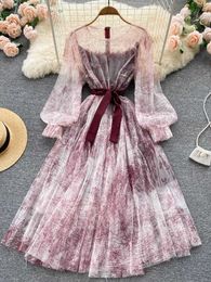 Casual Dresses Romantic Screen Printing Fake Two Piece Set Long Elegant Puff Sleeve Belt Party Dress Retro Robe Women's P230530