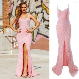 Party Dresses Elegant Pink Slip Sequin Evening Dress V Neck Front Split Padded Mermaid Prom Shine Long Luxury Night Bridesmaid