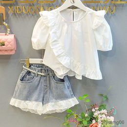 Completi di abbigliamento Completi da bambina Camicia estiva a maniche corte Top Demin Pantaloncini Pantaloni Abbigliamento per bambini 2 pezzi Abiti per bambini 2-7 anni