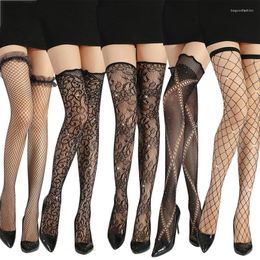 Women Socks Sexy Fishnet Thigh High Stockings Glitter Rhinestone Floral Lace Jacquard Patterned Mesh Tattoo Over Knee