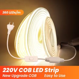 220V COB Led Neon Sign Strip Light With Switch Power Plug 360LED/m Super Bright Waterproof CRI 90 Linear Lighting Flexible LED Ribbon