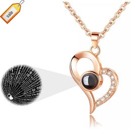 2023 Rose Gold Plated I Love You 100 Languages Projection Crystal Heart Romantic Jewelry Chain Pendant Necklace for Women Gift