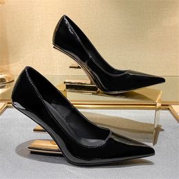 Patent Leather Women Pumps Pointed Toe High Heels Ladies Letter Strange Heel Wedding Dress Valentine Shoes Black Bride Wedges