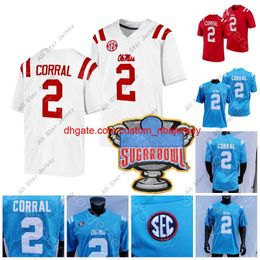 Football Jerseys NCAA College Ole Miss Rebels Jersey Matt Corral Sugar Bowl Patch Red Baby Blue White Size S-3XL All Stitched Embroidery