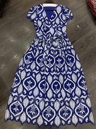 Lace dress, European and American style custom heavy work embroidery fabric V-neck waistband, slimming large swing dress, 2023 summer new women's blue