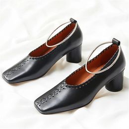 Retro Square Toe Women Pumps Chunky High Heels Metal Circle Decor Woven Dress Shoes Designer Leather Stiletto Zapatos Mujer
