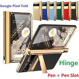 Armour Leather Plating Cases For Google Pixel Fold Case Pen Slot Bracket Hinge Protective Film Screen Cover