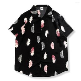 Men's Casual Shirts Colorful Feather Full Printed Beach Men Summer Light Weight Material Men's Male Top Black