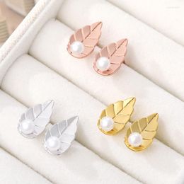 Stud Earrings Classic Women Rose Gold Plated Stainless Steel Pearl Leaf Cocktail Party Jewellery Gifts