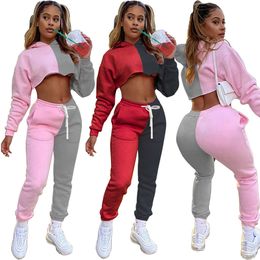 Trailsuits 2 Parçalı Koşu Seti Sonbahar Yay Kontrast Sweatshirt Uzun Kollu Kırpılmış Hoodie+Jogging Pantolon Kadın Atletizm Giyim P230531